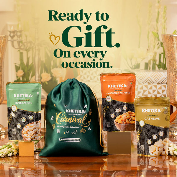 Celebration Trio Dry Fruits Gift Potli Almonds, Cashews, & Pistachios-Khetika