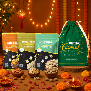 Celebration Trio Dry Fruits Gift Potli Almonds, Cashews, & Pistachios-Khetika