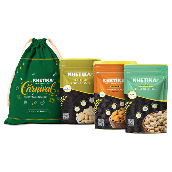 Celebration Trio Dry Fruits Gift Potli Almonds, Cashews, & Pistachios-Khetika