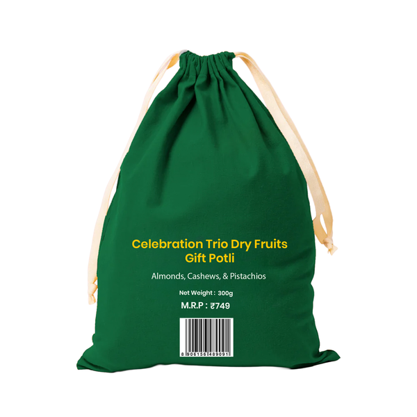 Celebration Trio Dry Fruits Gift Potli Almonds, Cashews, & Pistachios-Khetika
