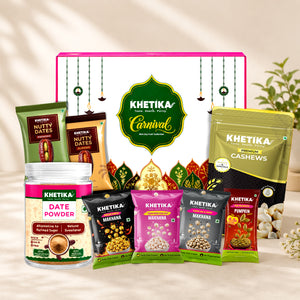 Healthy Induldge Box (Date Powder, Cashew, Salted Makhana, Peri Peri Pumpkin Seeds, Kimchi Makhana, Pepper and Salt Makhana, 2 Dates with Nuts)