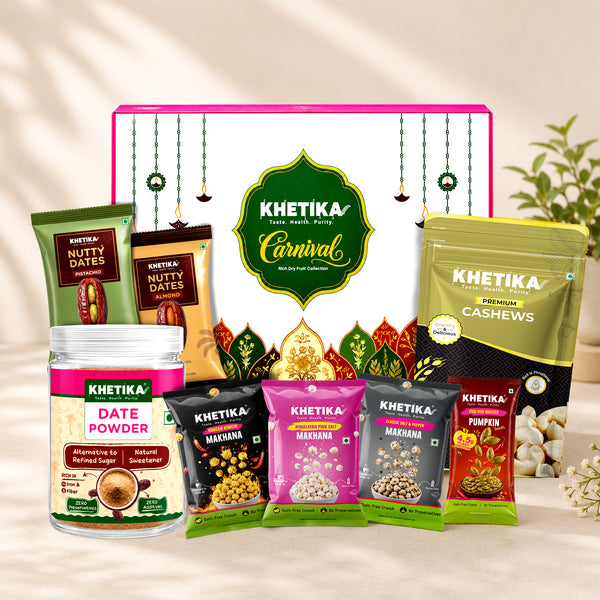 Healthy Induldge Box (Date Powder, Cashew, Salted Makhana, Peri Peri Pumpkin Seeds, Kimchi Makhana, Pepper and Salt Makhana, 2 Dates with Nuts)