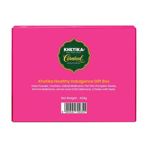Healthy Induldge Box (Date Powder, Cashew, Salted Makhana, Peri Peri Pumpkin Seeds, Kimchi Makhana, Pepper and Salt Makhana, 2 Dates with Nuts)